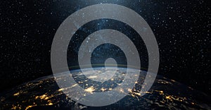 View of the Earth, star and galaxy. Sunrise over planet Earth, view from space. Concept on the theme of ecology, environment,