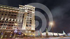 View of the eastern facade of the old Hotel Moskva timelapse . Moscow, Russia