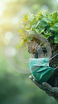 view Eco conscious foliage Tree wears a mask, urging environmental protection