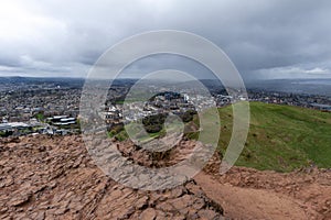 View of Edinburgh city from Arthurâ€™s Seat, the highest point in Edinburgh located at Holyrood Park, Scotland, UK