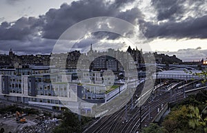 View of Edinburgh city center with Waverley station in foreground, Edinburgh, Scotland, United Kingdom