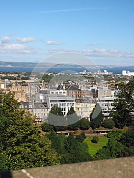 view of Edinburgh, Scotland Princes Street Gardens and Queen Street Gardens Firth of Forth flowing into the Water of Leith from