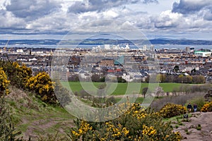 View of Edinburgh towards North Sea from Arthurâ€™s Seat, highest point in Edinburgh at Holyrood Park, Scotland, UK