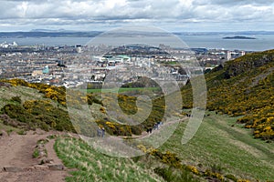 View of Edinburgh towards North Sea from Arthurâ€™s Seat, highest point in Edinburgh at Holyrood Park, Scotland, UK