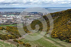 View of Edinburgh towards North Sea from Arthurâ€™s Seat, highest point in Edinburgh at Holyrood Park, Scotland, UK