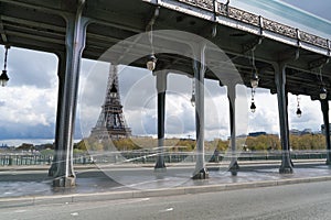 View of Eiffel tower and Bir Hakeim bridge in Paris, France