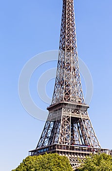 View of the Eiffel tower on a bright sunny day. Paris,