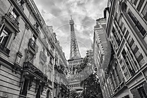 View of the Eiffel Tower in Paris, France black and white colored