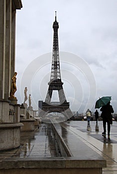 View of the Eiffel Tower in Paris in a rainy day, France