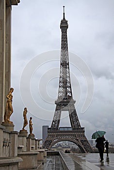 View of the Eiffel Tower in Paris in a rainy day, Paris, France