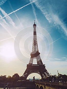 View of the Eiffel tower at sunrise, Paris.