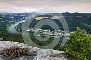 View of Elbe river from Lilienstein viewpoint, Nationalparks SÃ¤chsische Schweiz. River landscape in Germany. Summer scenery with