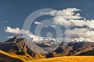 A view on Elbrus mountain and Malka river valley. Dzhili-Su, Republic of Kabardino-Balkaria