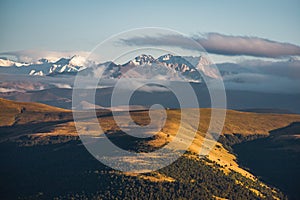 A view on Elbrus mountain and Malka river valley. Dzhili-Su, Republic of Kabardino-Balkaria