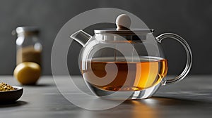 An elegant glass teapot with a removable stainless steel infuser photo