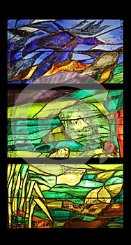 View the elements of life, detail of stained glass window in Benediktbeuern Abbey, Germany