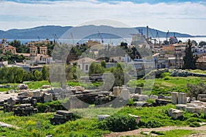 View of Eleusina from the archaeological site of Eleusis Eleusina in Attica Greece.