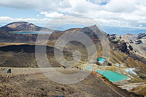 View of Emerald lakes from Tongariro Alpine Crossing hike with clouds above, North Island, New Zealand