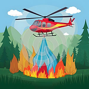 view Emergency service helicopter brings water to douse forest fire