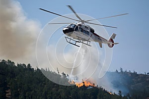 view Emergency service helicopter brings water to douse forest fire