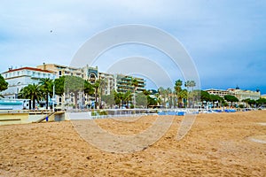 View of empty Croisette beach Cannes French Riviera
