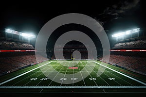 A view of the empty football stadium at night. 3D Rendering, Football field illuminated by stadium lights, AI Generated