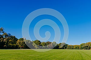 View of empty Great Lawn of Central Park under clear blue sky, in New York City, USA