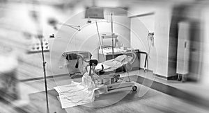 View of an empty hospital bed in the maternity ward at a hospital