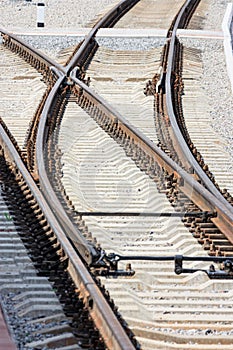View of the empty railway fork, connection. Rails close-up with selective focus