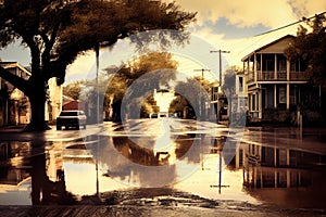 view of empty street in flooded area after landfall hurricane photo