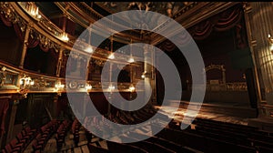 Theatrical Elegance: Empty Theater With Red Seats and Chandeliers photo