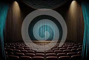 View or an empty theater or cinema with rows or seats and spotlight on a stage curtain. Generative ai