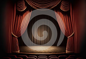 View or an empty theater or cinema with rows or seats and spotlight on a stage curtain. Generative ai