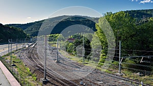 View of empty train tracks in Torre del Bierzo, Spain.