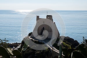 View on empty yachts harbour from hilly medieval small touristic coastal town Sperlonga and sea shore, Latina, Italy