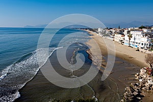 View on empty yachts harbour from hilly medieval small touristic coastal town Sperlonga and sea shore, Latina, Italy