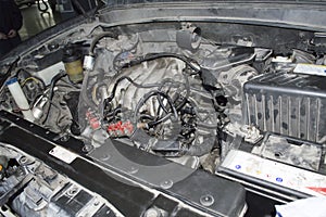 View of the engine compartment of a car with a bi-fuel power system