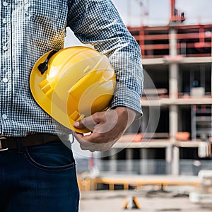 view Engineer holding yellow hard hat on construction site background