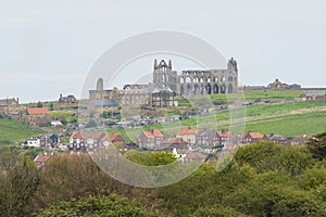 View of english countryside with abbey ruins