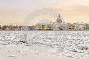 A view of the English embankment over the frozen Neva river.