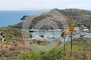 View of English Harbor in Antigua in Caribbean from Shirley Heights, English Harbor is the main docking area for yachts and pleasu
