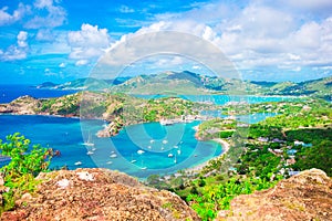 View of English Harbor from Shirley Heights, Antigua, paradise bay at tropical island in the Caribbean Sea photo