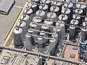 View of enormous vertical silos for beer fermentation and storage