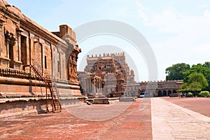View of entrance Gopuram, Brihadisvara Temple complex, Tanjore, Tamil Nadu. View from South West.
