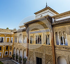 A view of the entrance to the Alcazar Palace in Seville, Spain