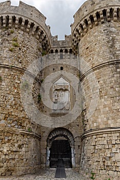 View of entrance to historic Templar castle in the Greek island of Rhodes.