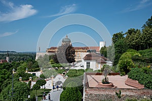 View of the entrance to Melk Abbey, Melk, Austria from the parking lot above.