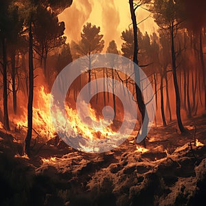 view Environmental crisis Forest ablaze, widespread fire, air pollution and habitat damage