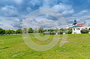 View on Equestrian monument of Archduke Charles and Town Hall building in Vienna, Austria