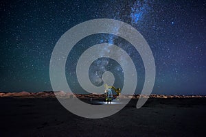 View of equipment for construction works under the starry night sky